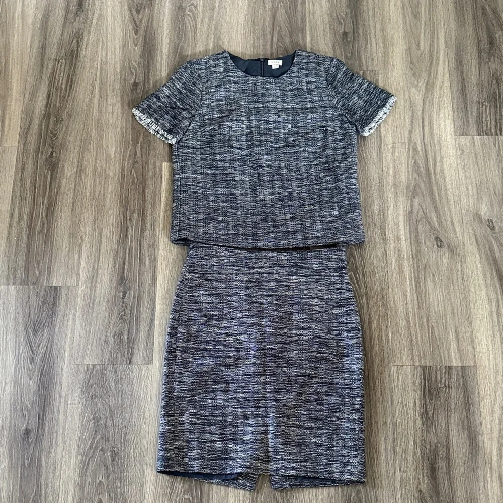 J. Crew Black and White Tweed Set Two Piece Skirt Suit Size XS Cotton Blend